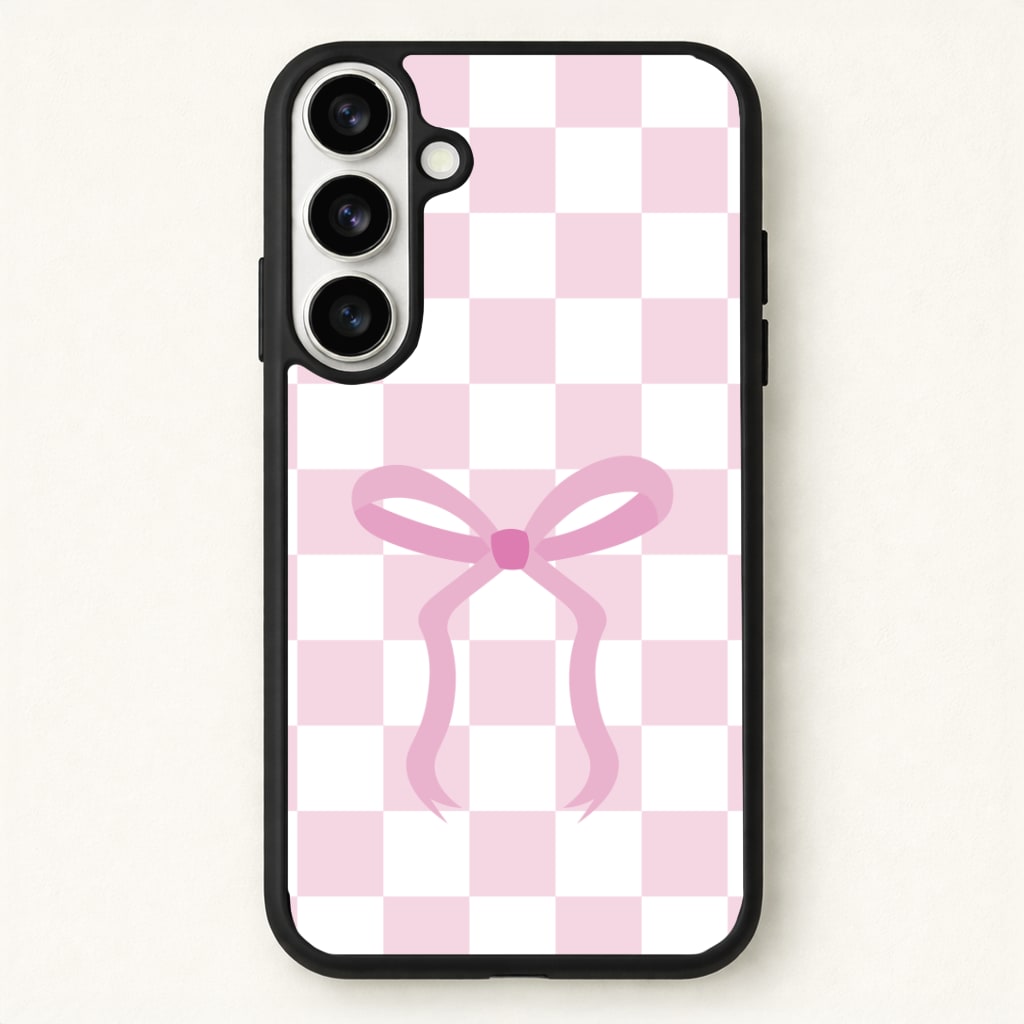 Checkered Coquette Bow Pink Phone Case for Galaxy S26