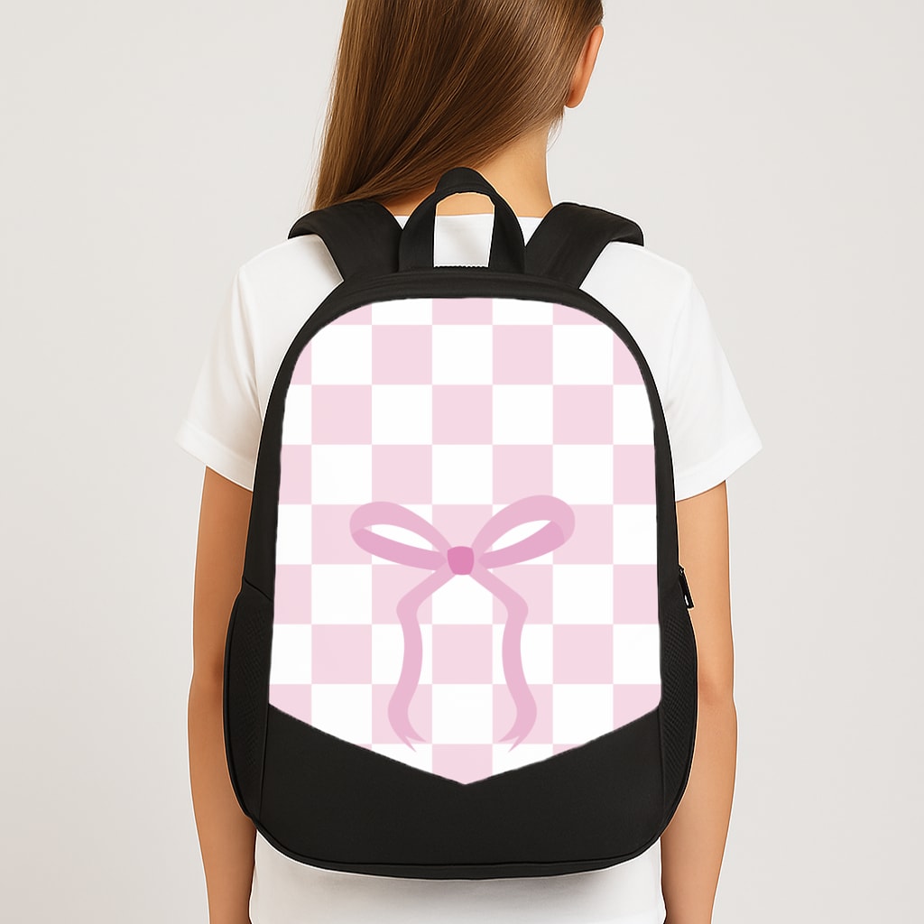 Checkered Coquette Bow Pink Large School Bag