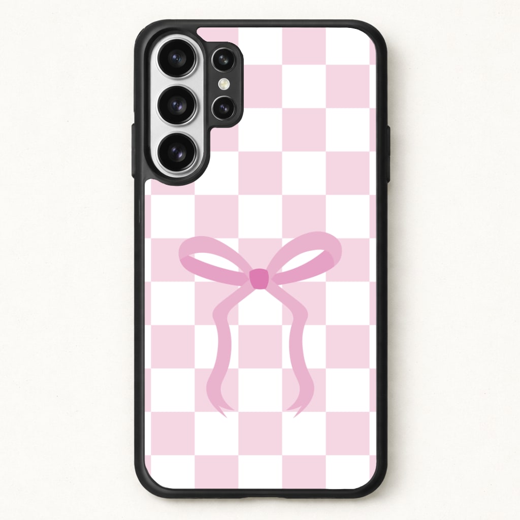 Checkered Coquette Bow Pink Phone Case for Galaxy S26 Ultra