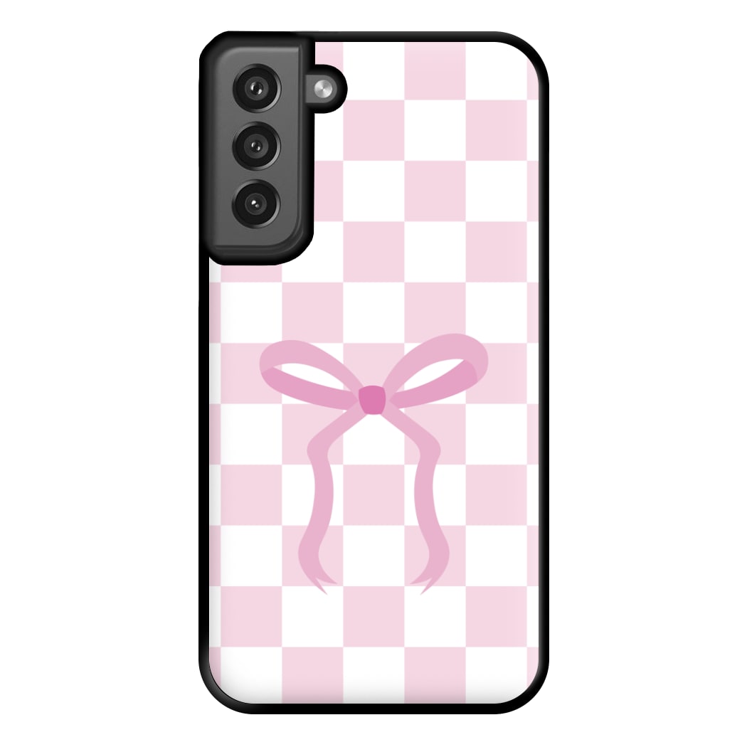 Checkered Coquette Bow Pink Phone Case for Galaxy S21FE