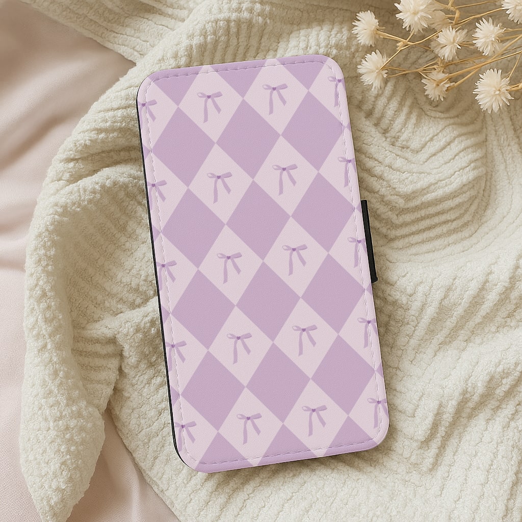Purple Argyle Coquette Pattern Wallet Phone Case