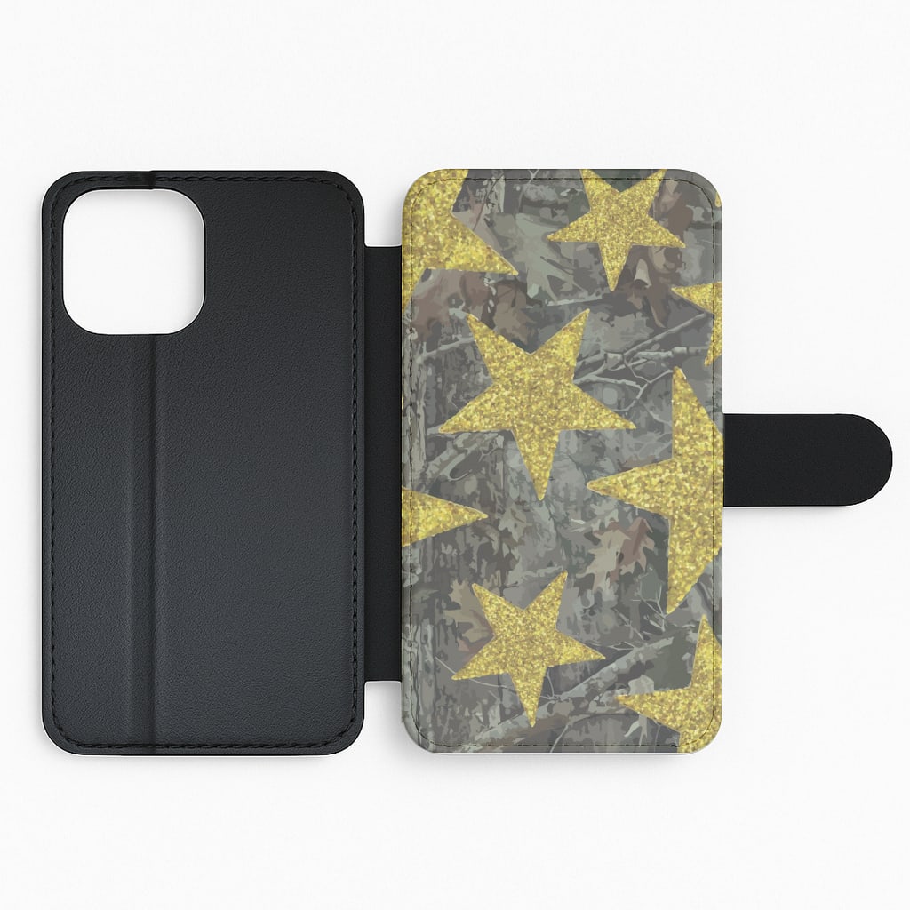Camo And Glitter Stars Pattern Flip / Wallet Phone Case