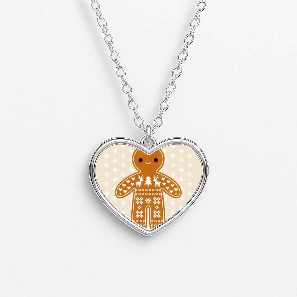 Christmas Jumper Pattern Gingerbread Man Heart Necklace
