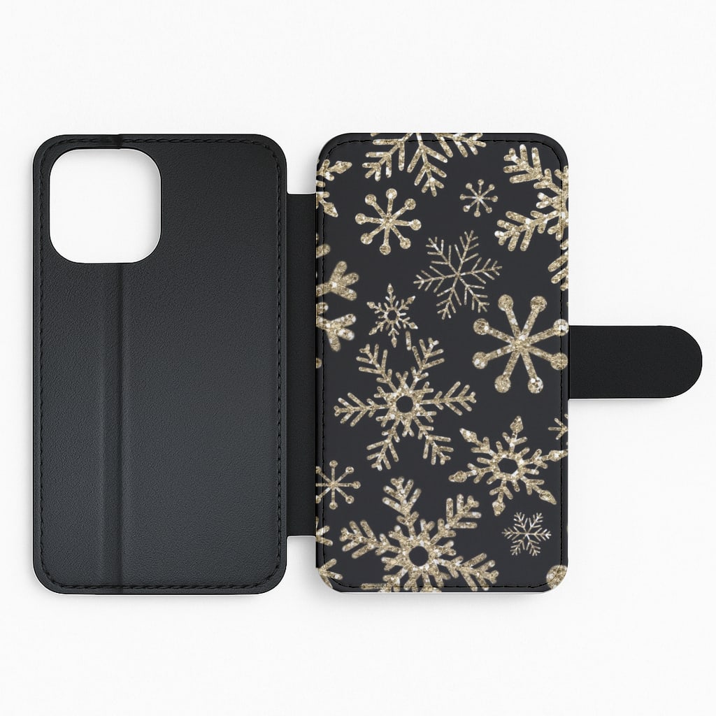 Gold Snowflake Pattern Flip Wallet Phone Case