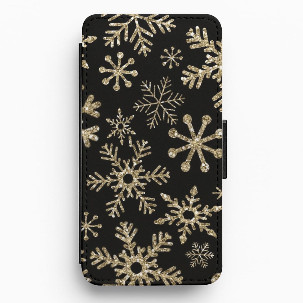 Gold Snowflake Pattern Flip Wallet Phone Case