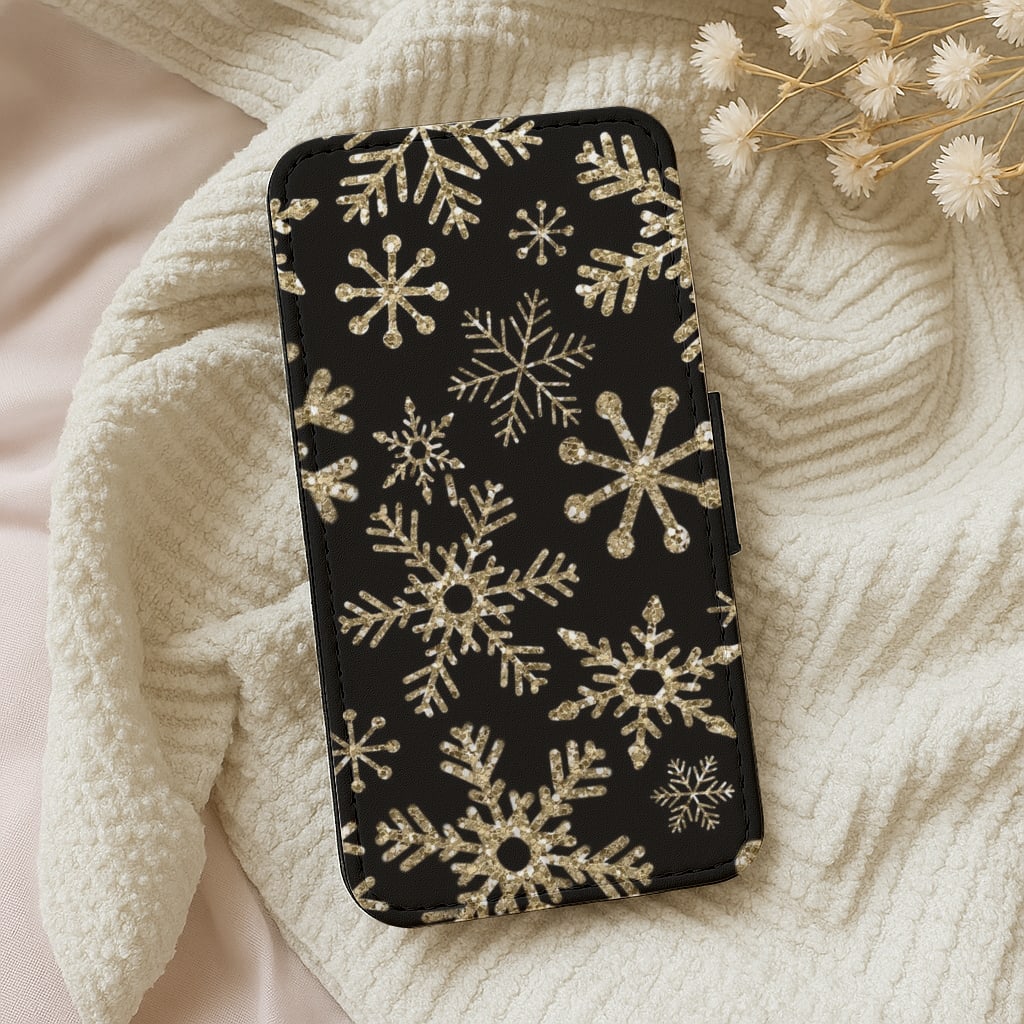Gold Snowflake Pattern Flip Wallet Phone Case