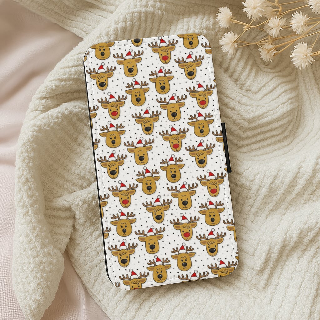 Reindeers In Santa Hats Pattern Flip Wallet Phone Case
