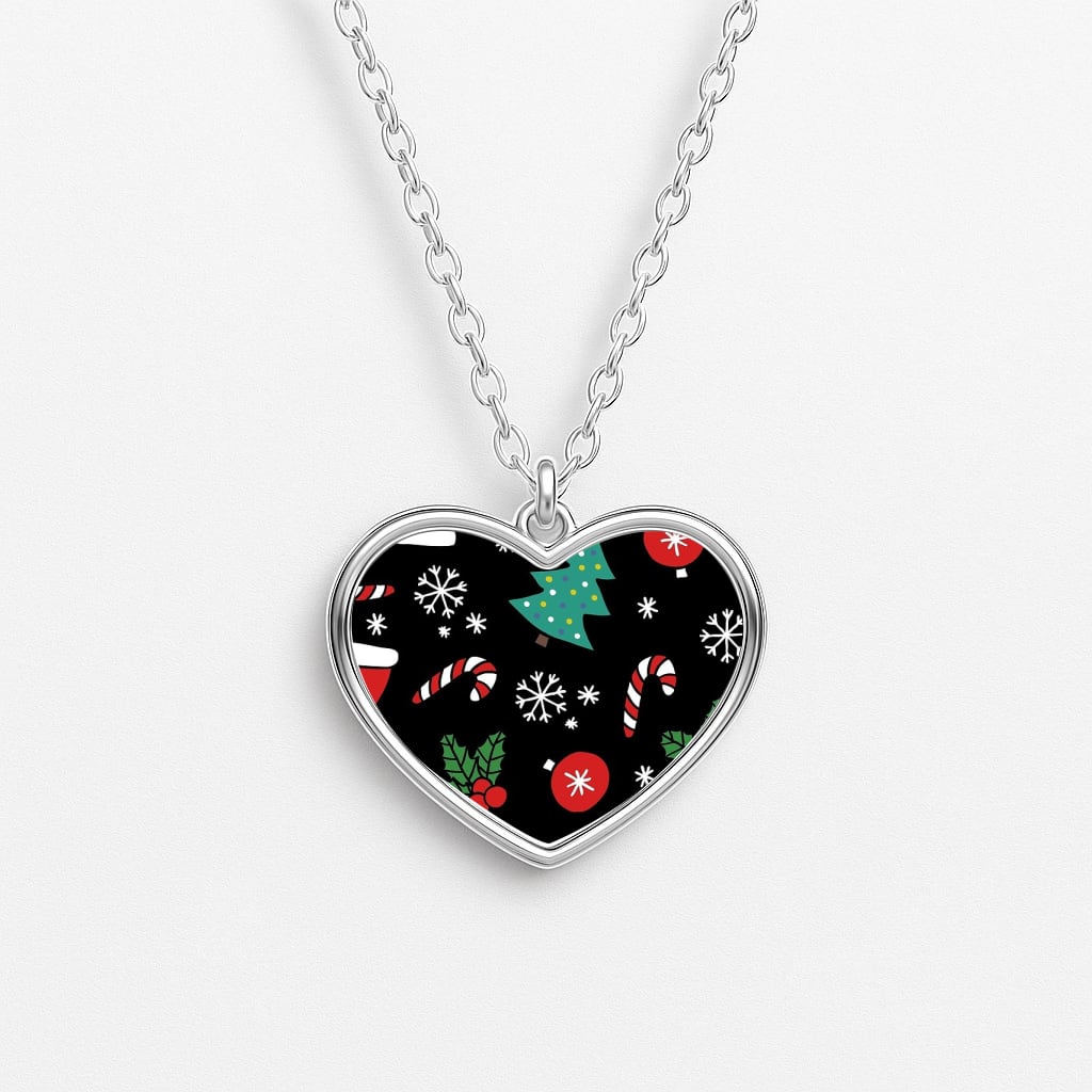 Christmas Objects Pattern Heart Necklace