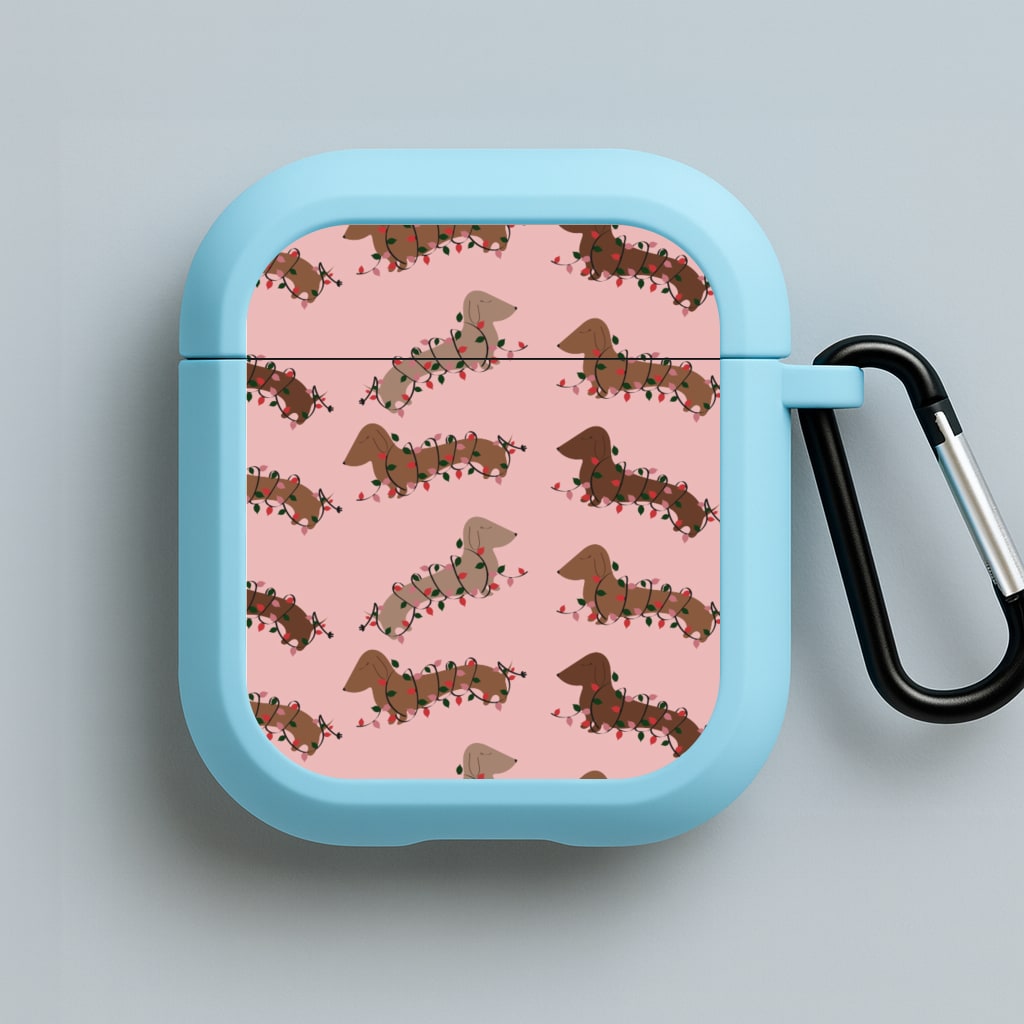 Dachshund Christmas Pattern Blue AirPods Case