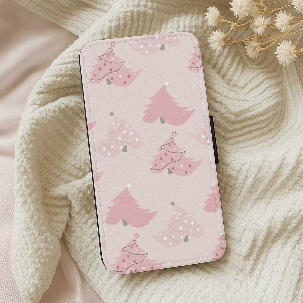 Pink Christmas Tree Pattern Wallet Phone Case