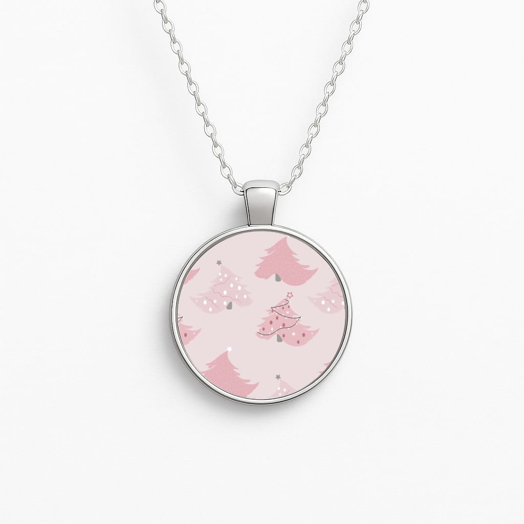 Pink Christmas Tree Pattern Circle Necklace
