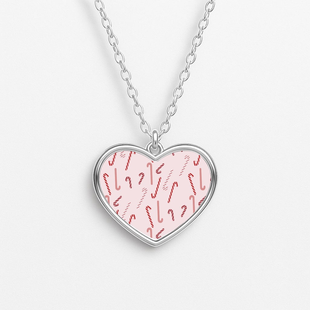 Pink Candycane Christmas Pattern Heart Necklace