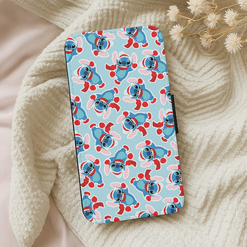 Blue Alien Christmas Pattern Wallet Phone Case