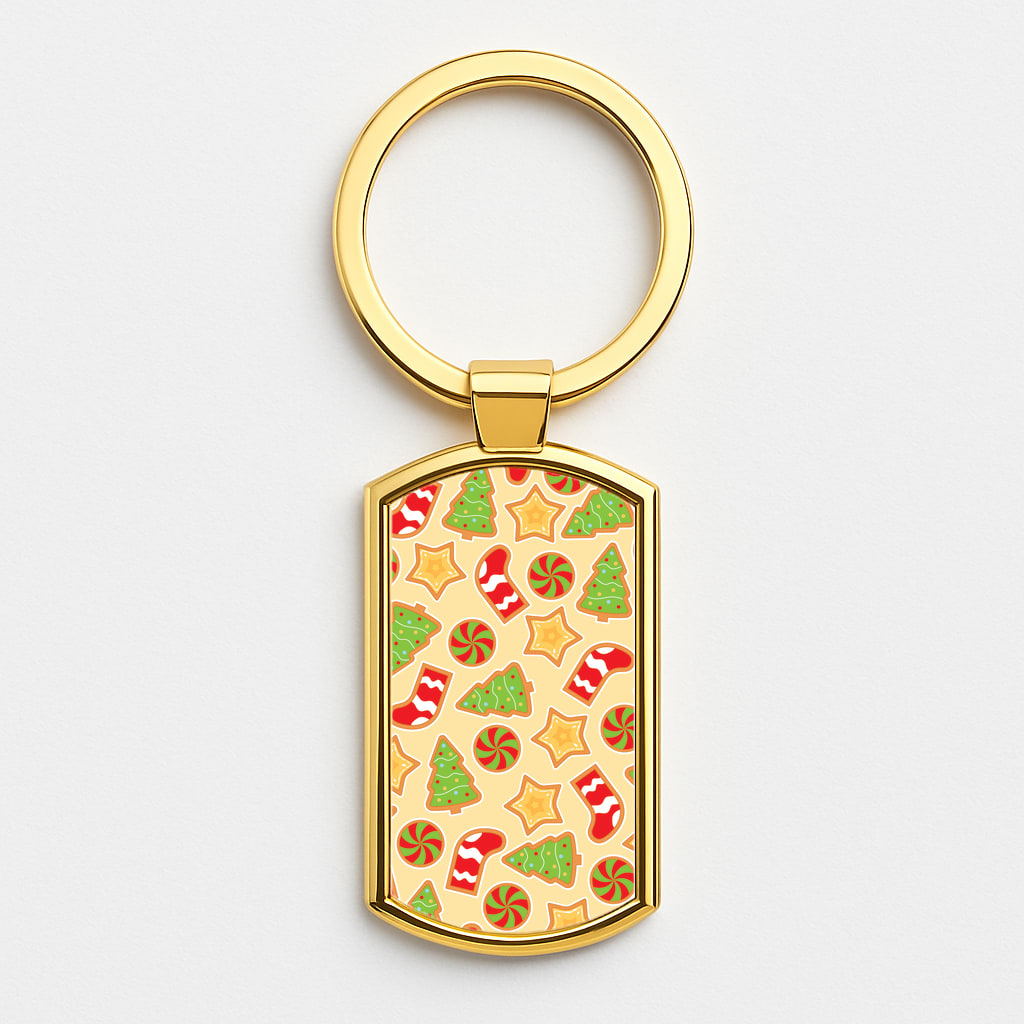 Gingerbread And Stocking Pattern Gold Keyring