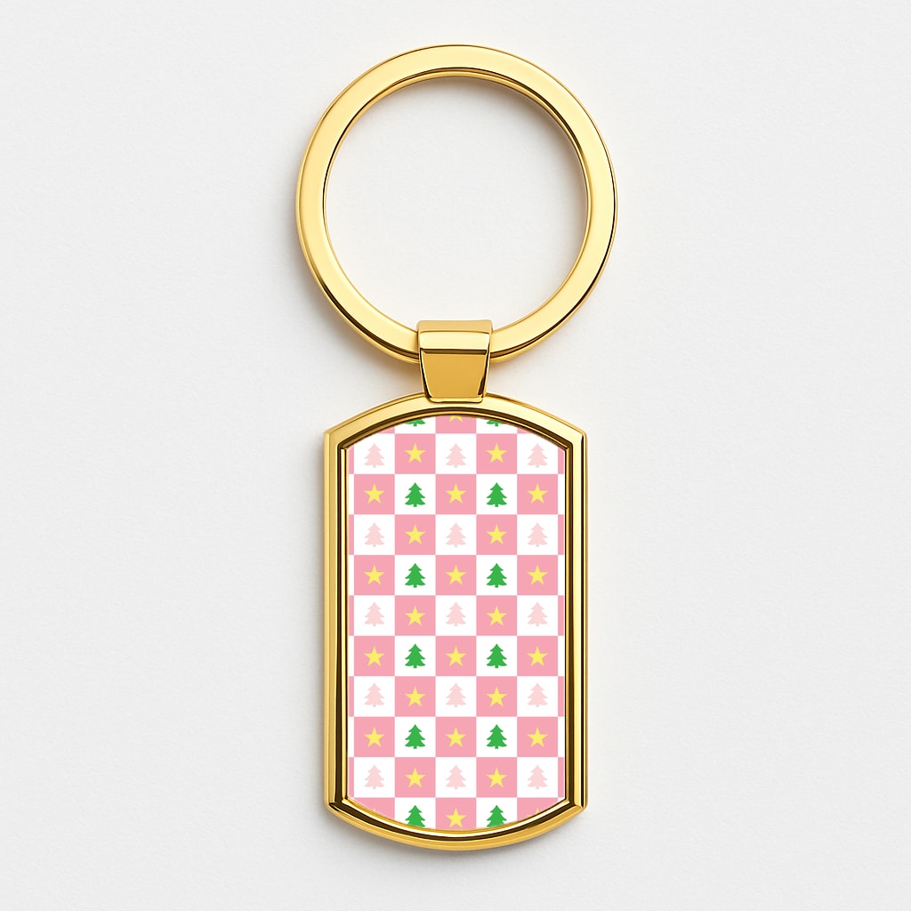 Pink And Green Tree Pattern Gold Keyring