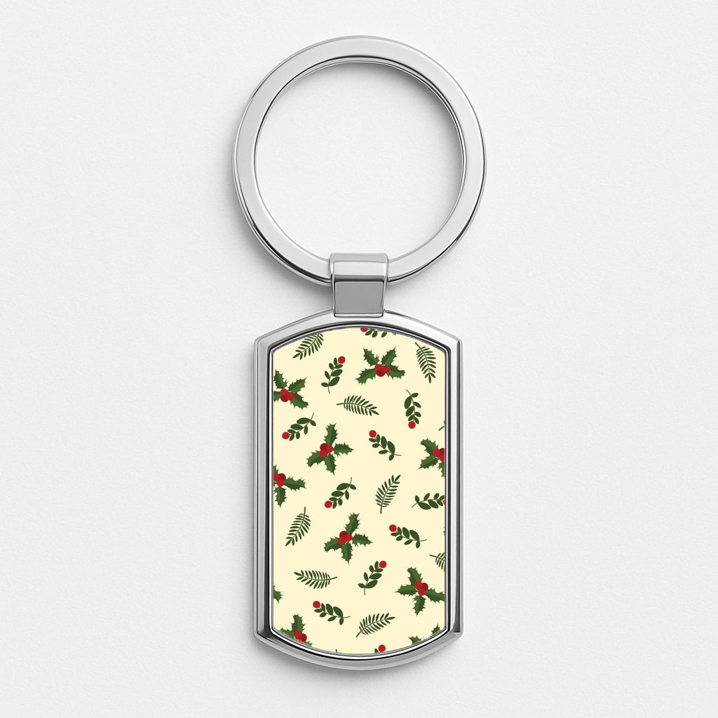 Holly Green Pattern Silver Keyring