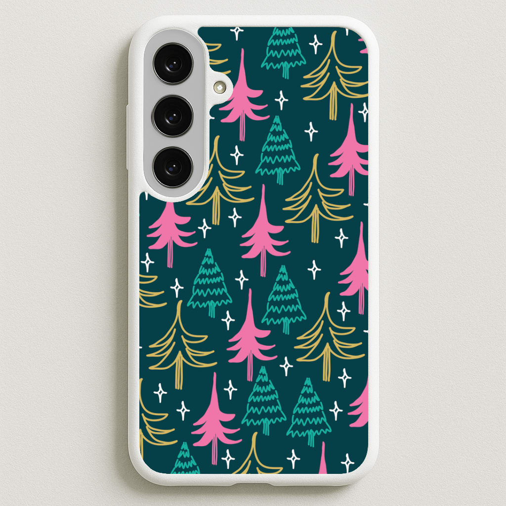 Colourful Sketched Christmas Trees Pattern Phone Case for Galaxy S25FE