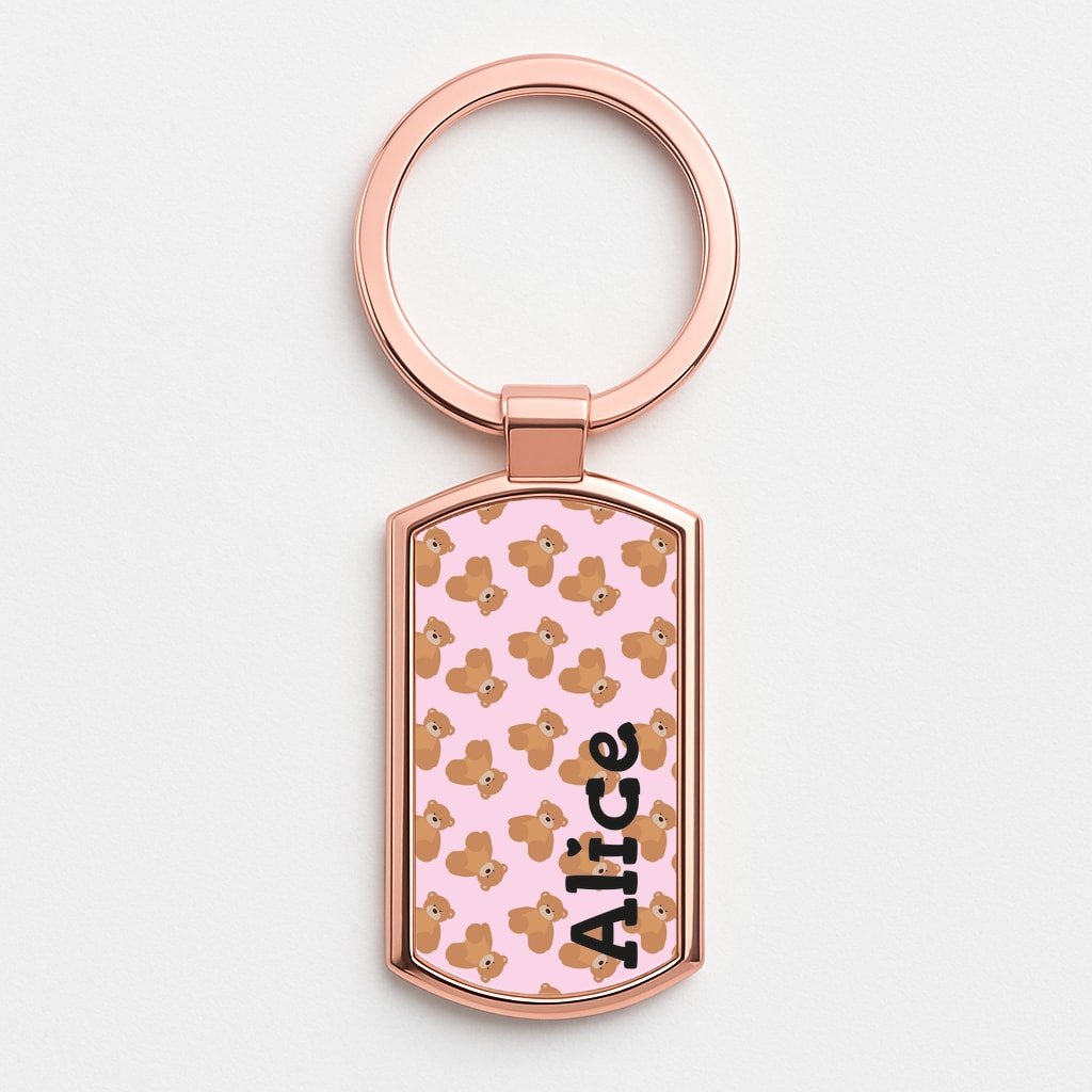 Teddy Bear Pattern - Personalised Christmas Rose Gold Keyring
