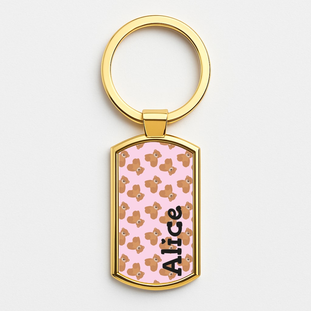 Teddy Bear Pattern - Personalised Christmas Gold Keyring