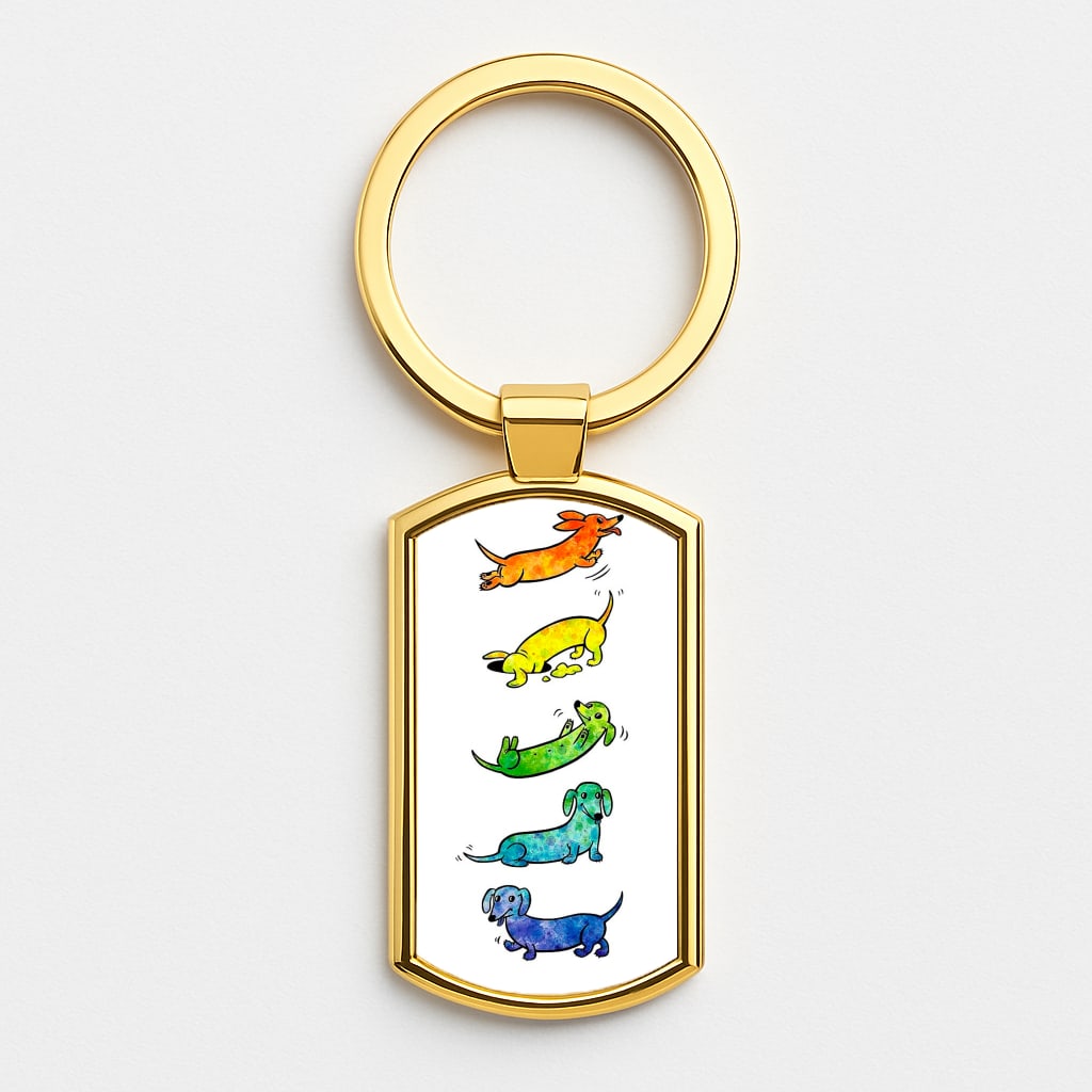 Watercolor Rainbow Dachshunds Gold Keyring