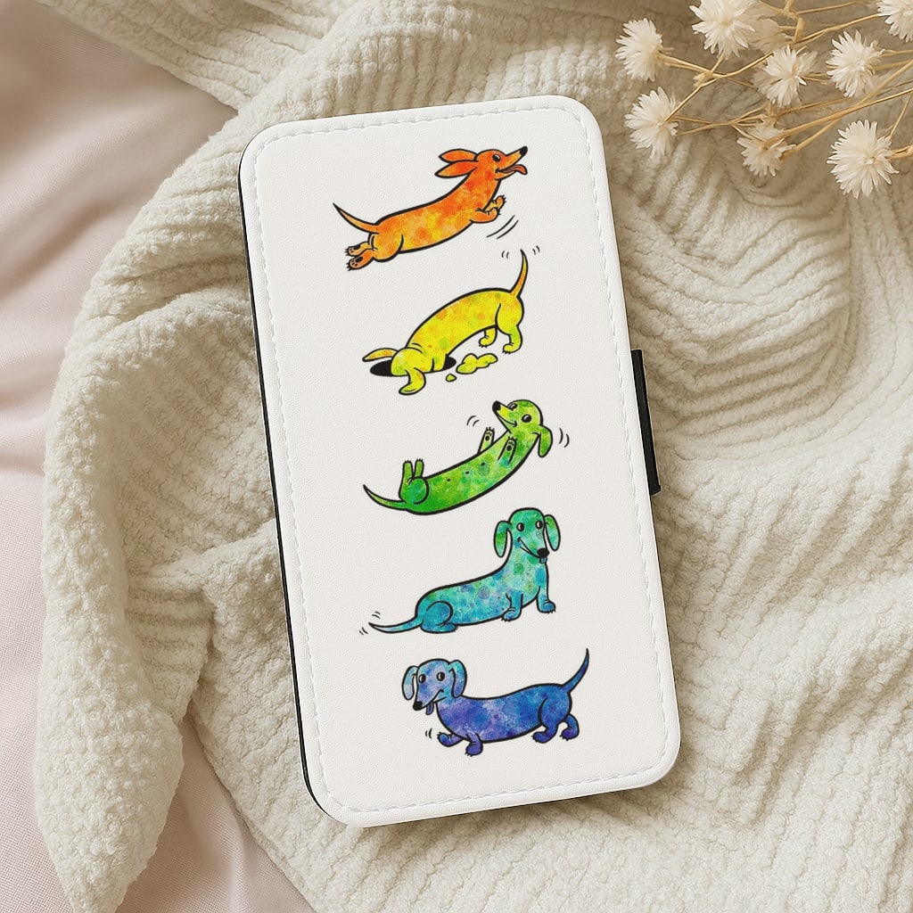 Watercolor Rainbow Dachshunds Flip Wallet Phone Case