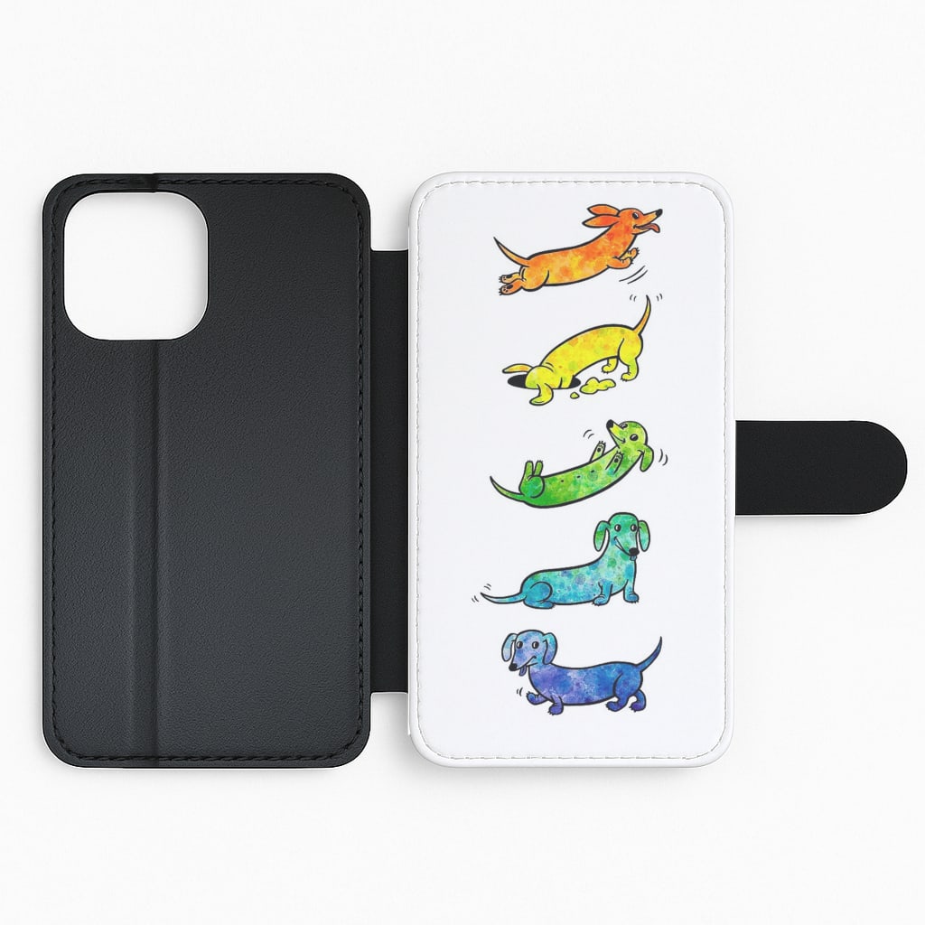 Watercolor Rainbow Dachshunds Flip Wallet Phone Case