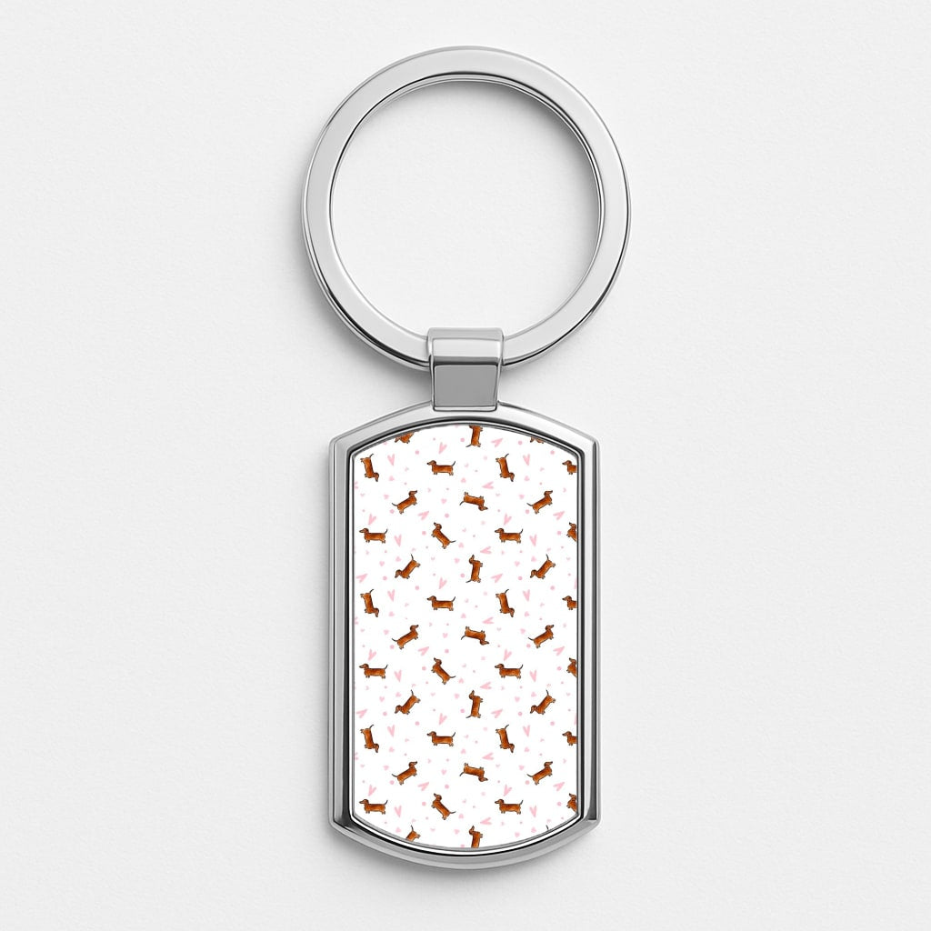 Dachshund Pattern - White Silver Keyring