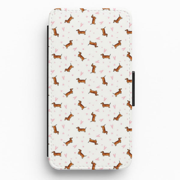 Dachshund Pattern - White Flip Wallet Phone Case