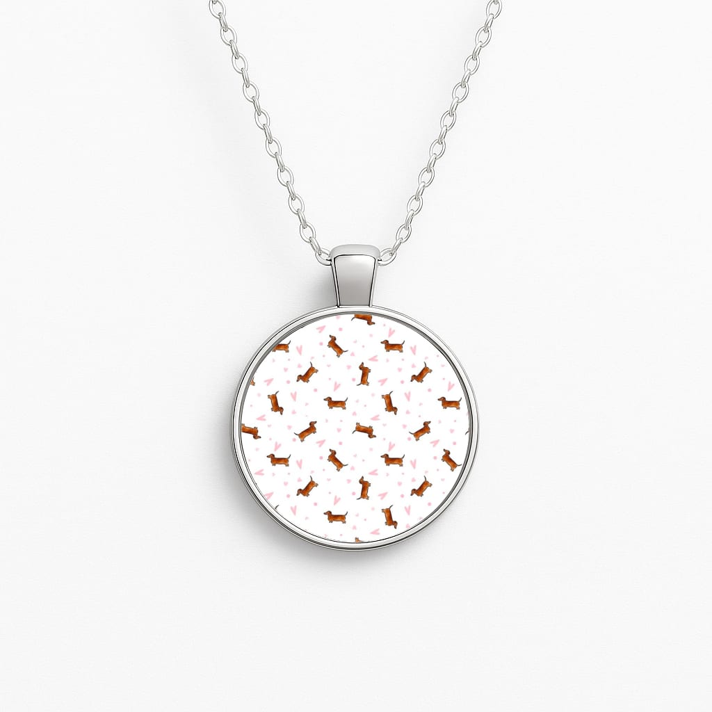 Dachshund Pattern - White Circle Necklace