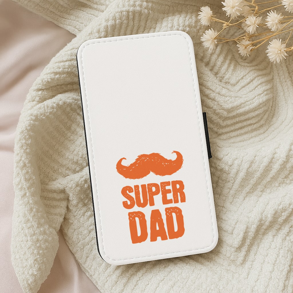 Moustache Super Dad Orange Wallet Phone Case