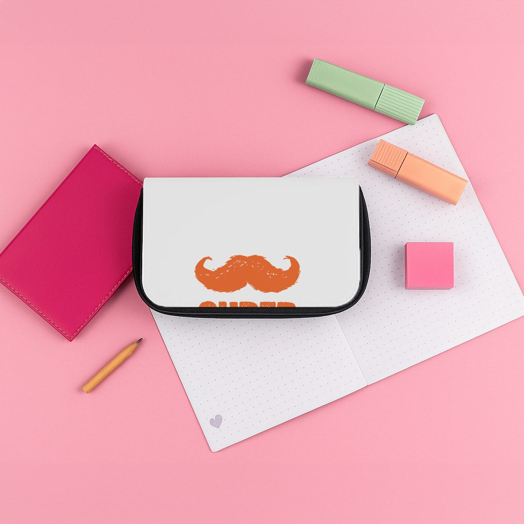 Moustache Super Dad Orange Pencil Case