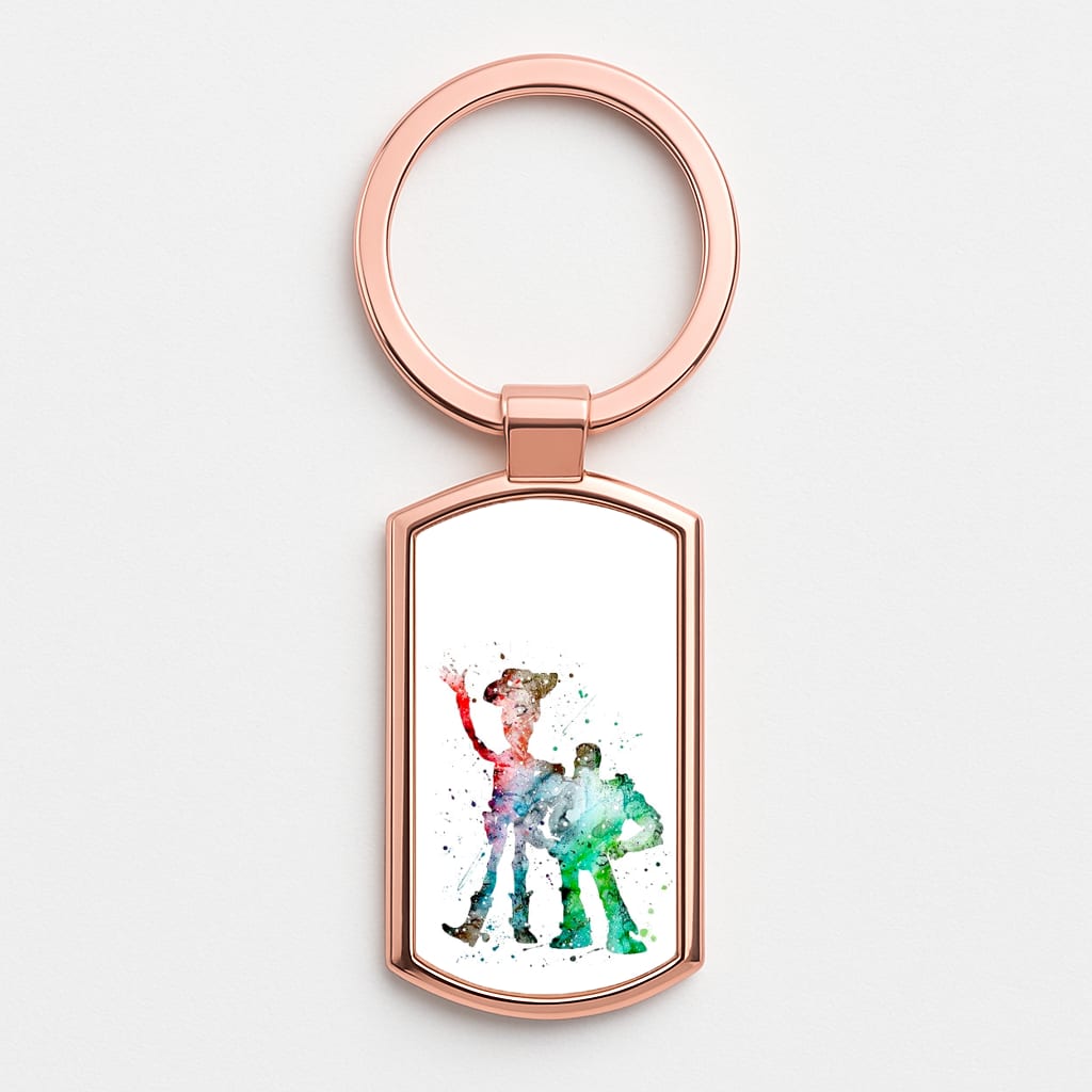 Watercolour Woody & Buzz A Story of Toys Fairytale Rose Gold Keyring