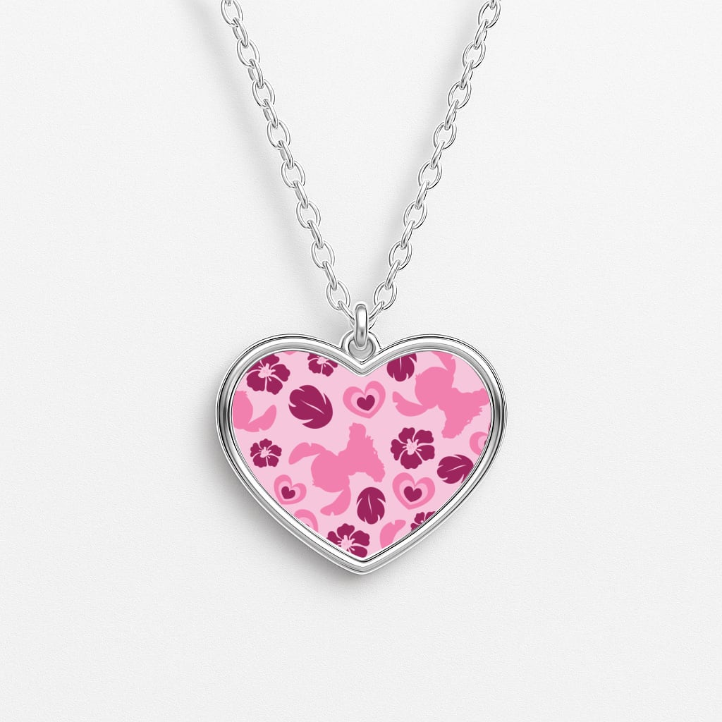 Pink Alien Silhouette Pattern Heart Necklace