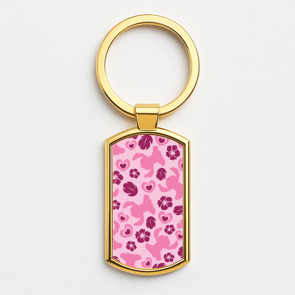 Pink Alien Silhouette Pattern Gold Keyring