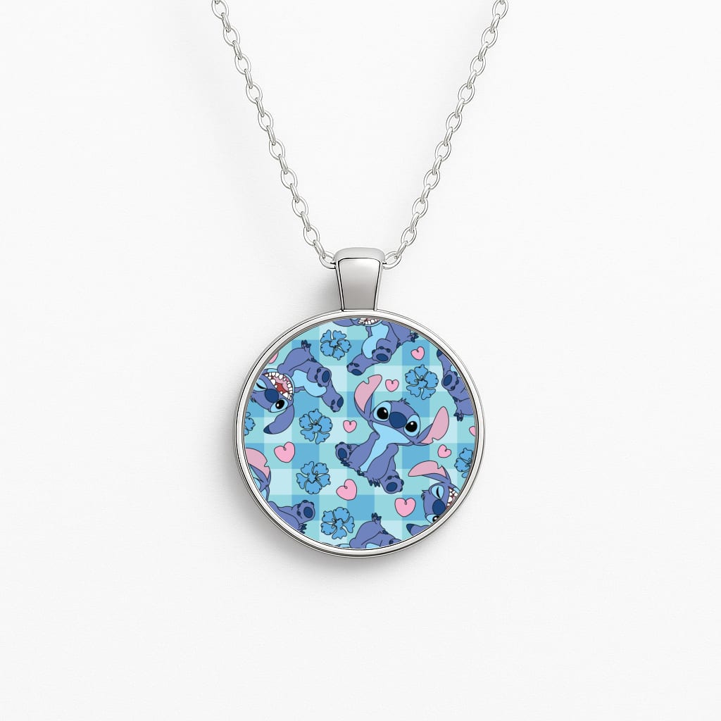 Blue Alien And Hearts Pattern Circle Necklace