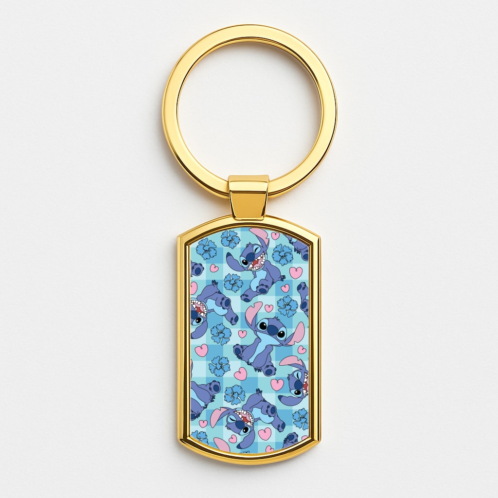 Blue Alien And Hearts Pattern Gold Keyring