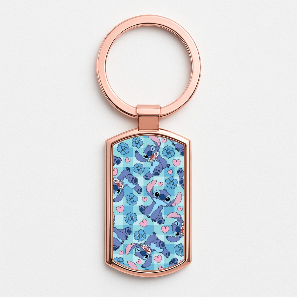 Blue Alien And Hearts Pattern Rose Gold Keyring