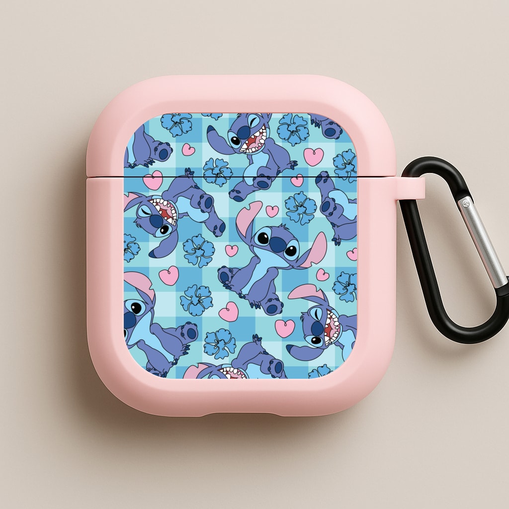 Blue Alien And Hearts Pattern Pink AirPods Case