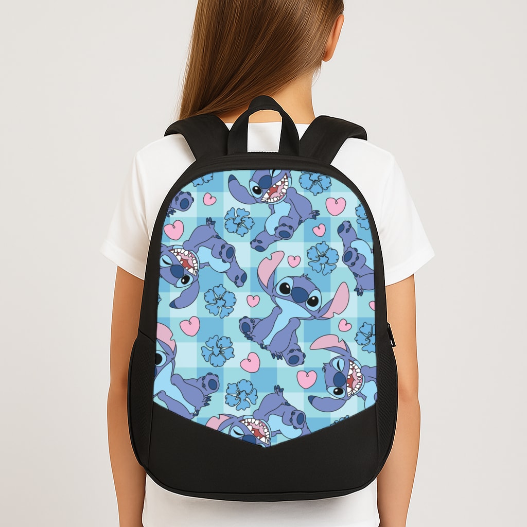Blue Alien And Hearts Pattern Large School Bag