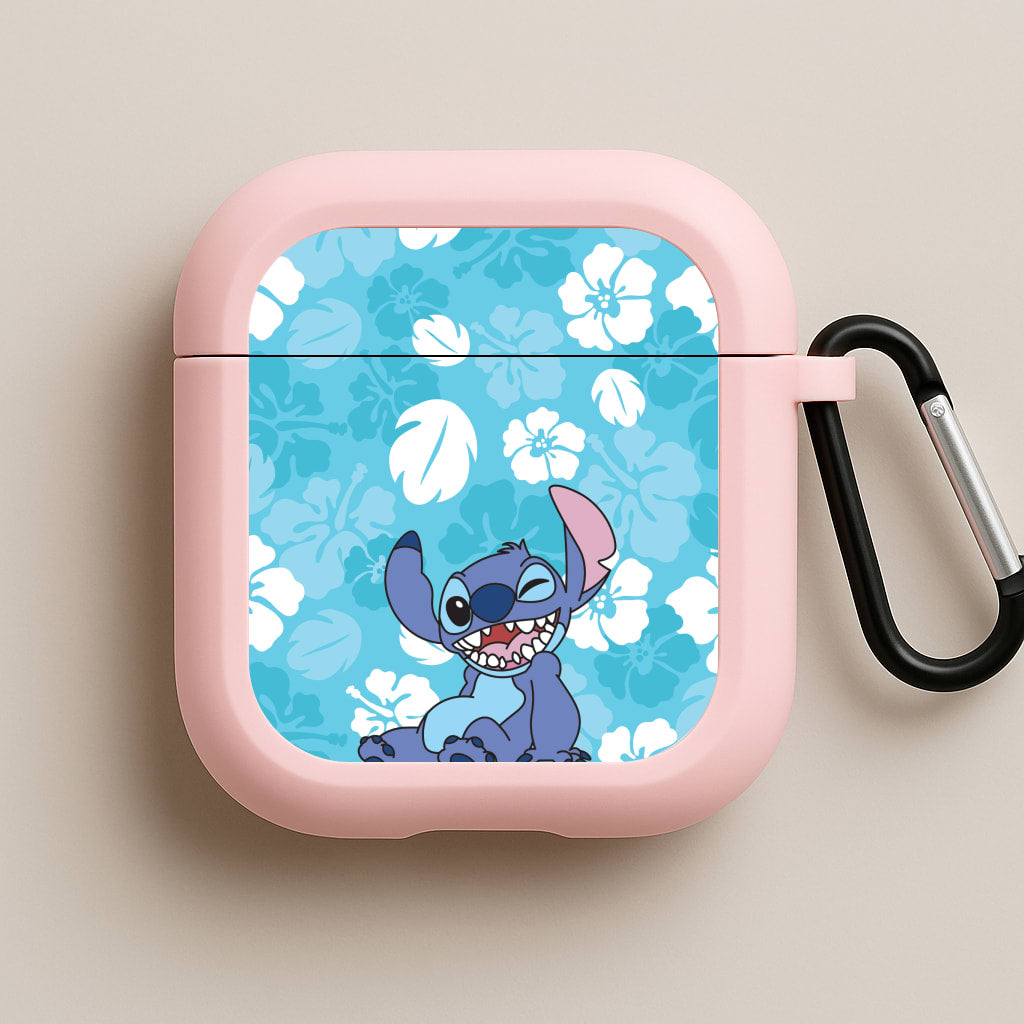 Cute Blue Alien Floral Pattern Pink AirPods Case