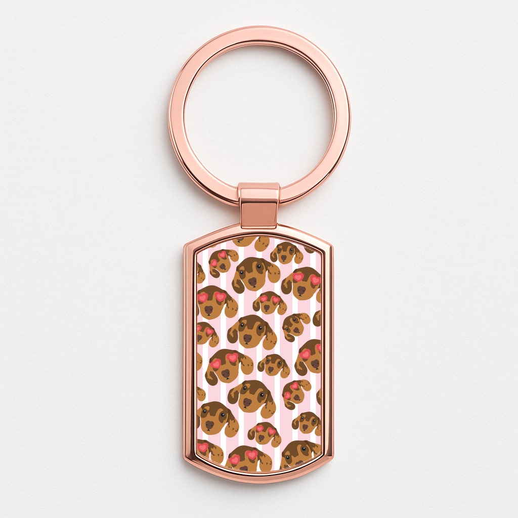 Stripes And Dachshunds Pattern Rose Gold Keyring