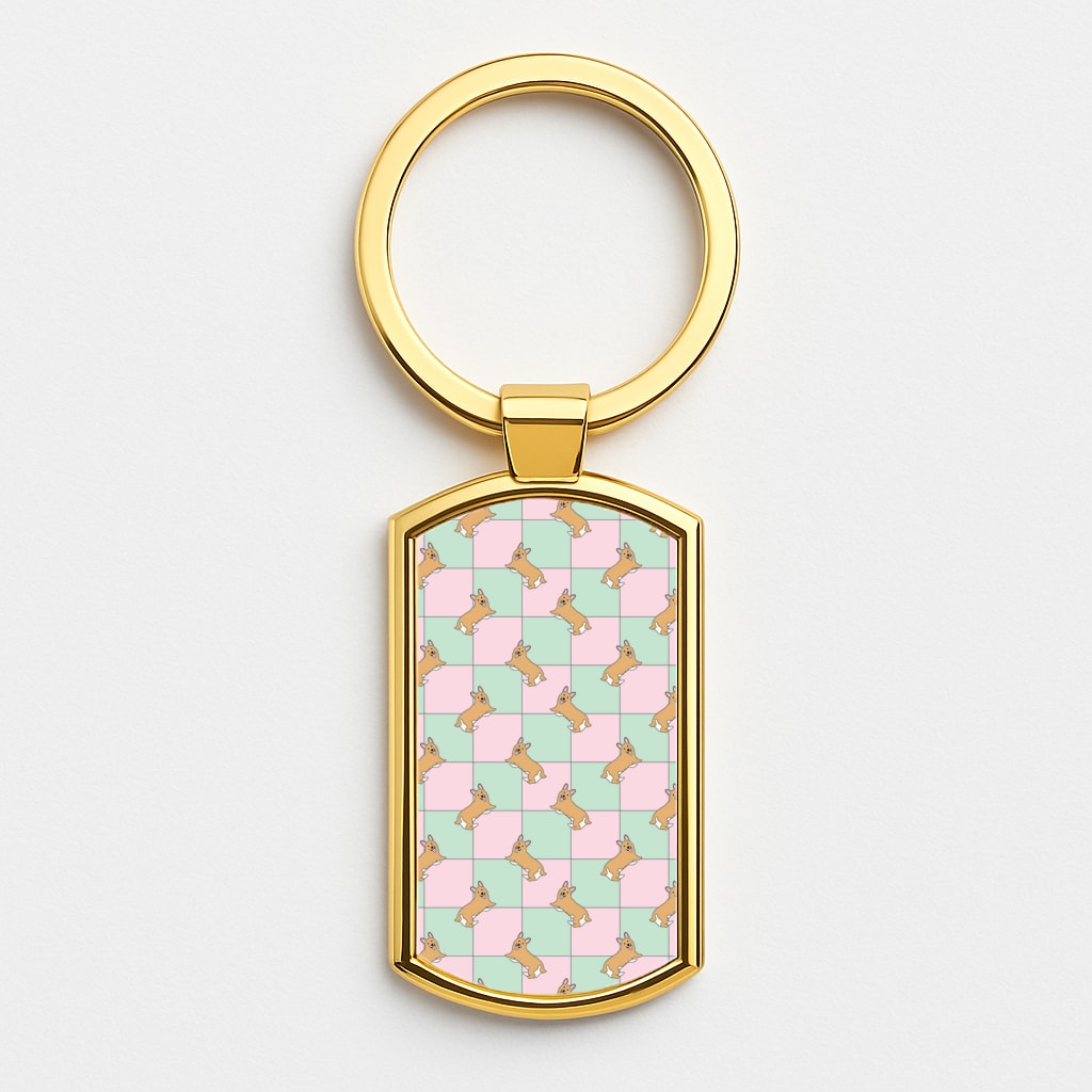 Checkered Corgis Pattern Gold Keyring
