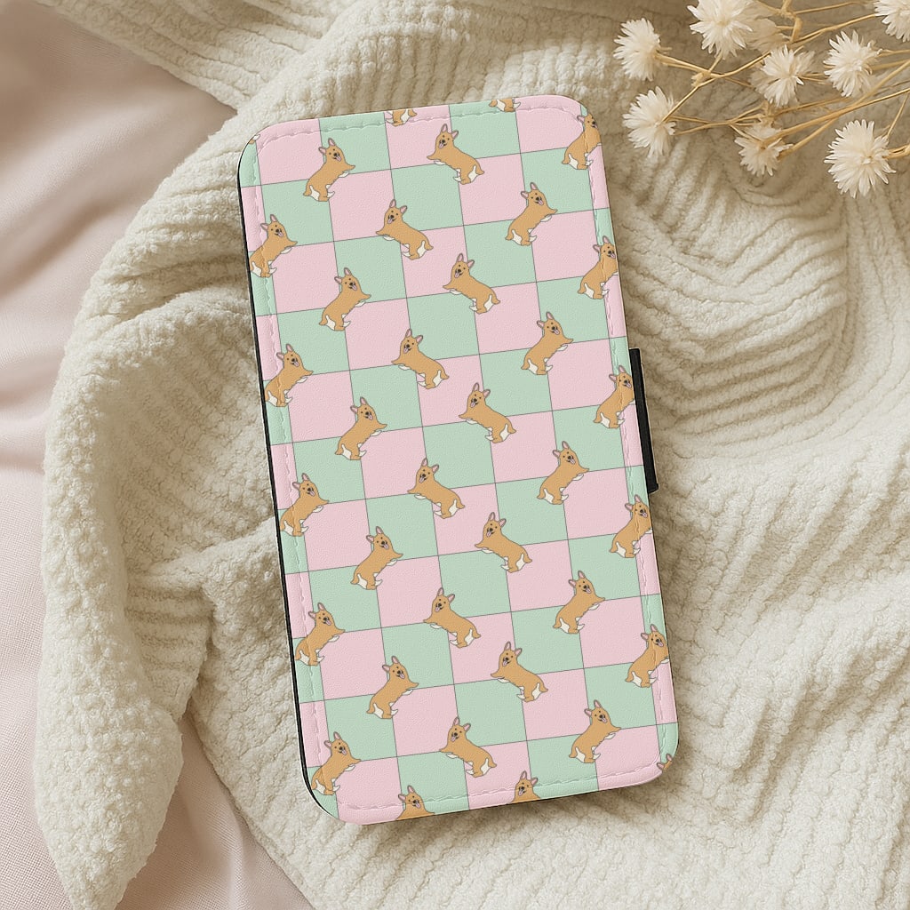 Checkered Corgis Pattern Wallet Phone Case