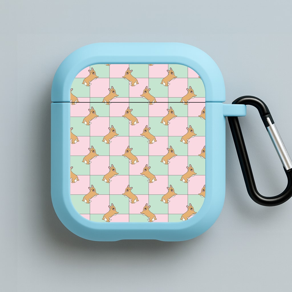 Checkered Corgis Pattern Blue AirPods Case