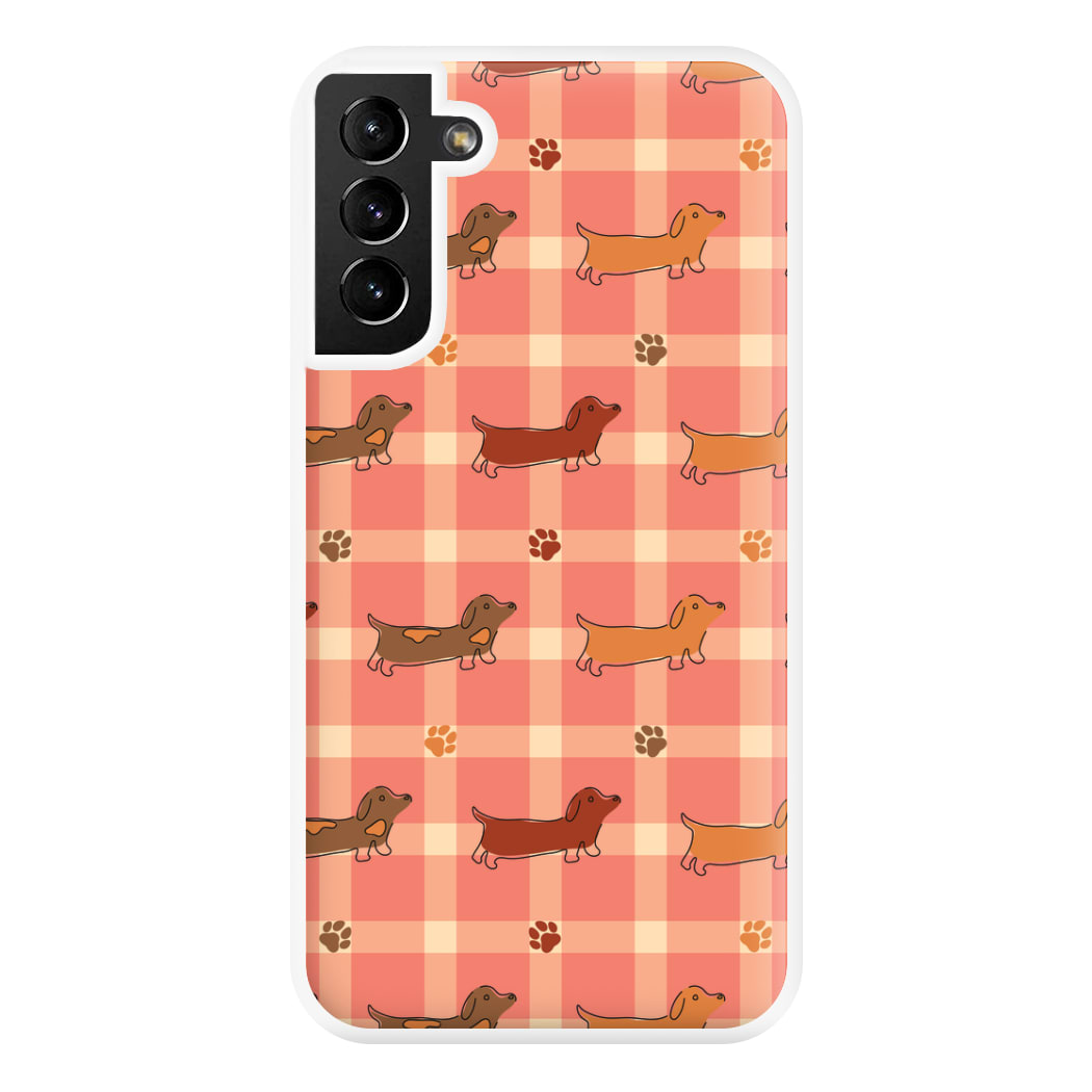 Tartan Dachshunds And Paws Pattern Phone Case for Galaxy S21 Plus