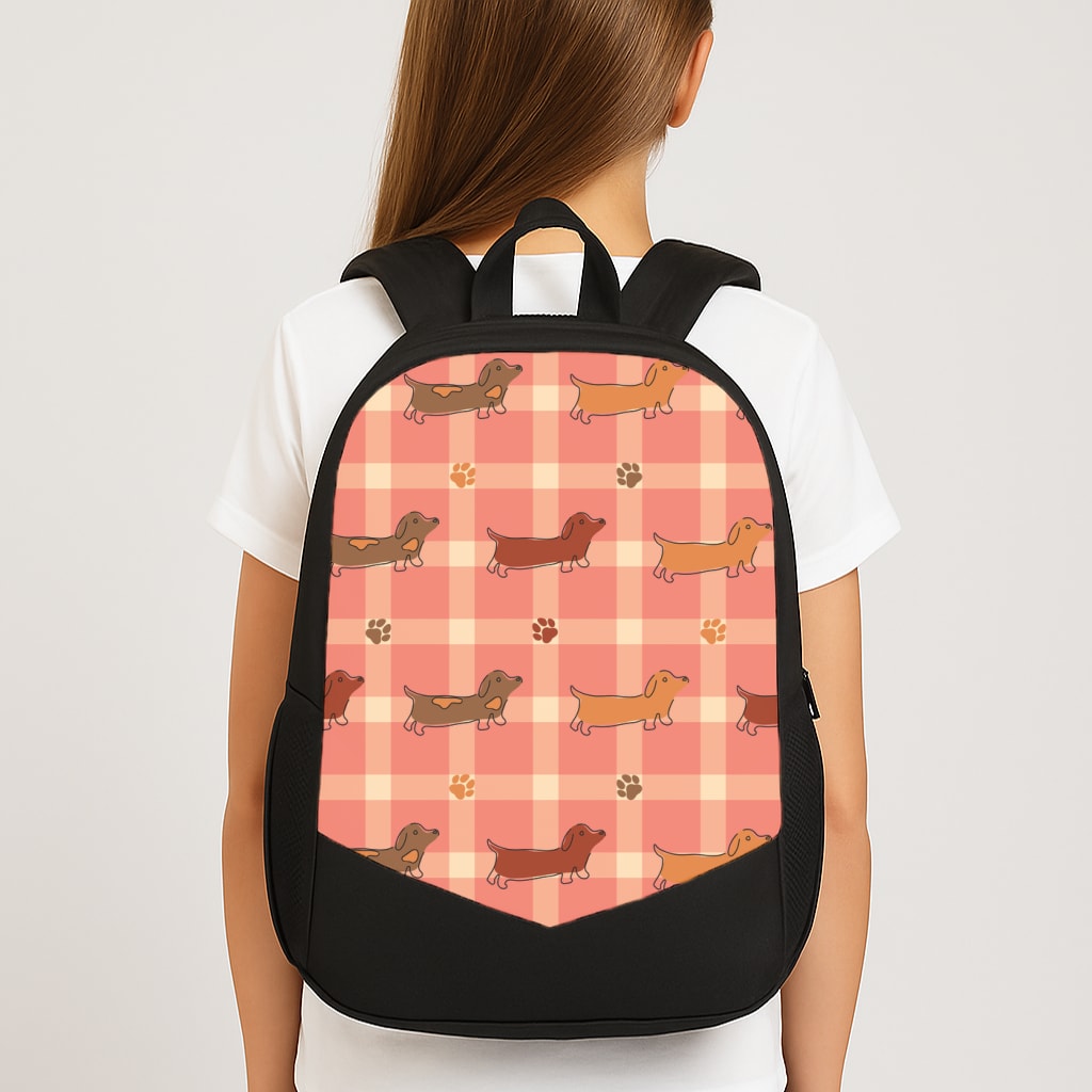 Tartan Dachshunds And Paws Pattern Large School Bag