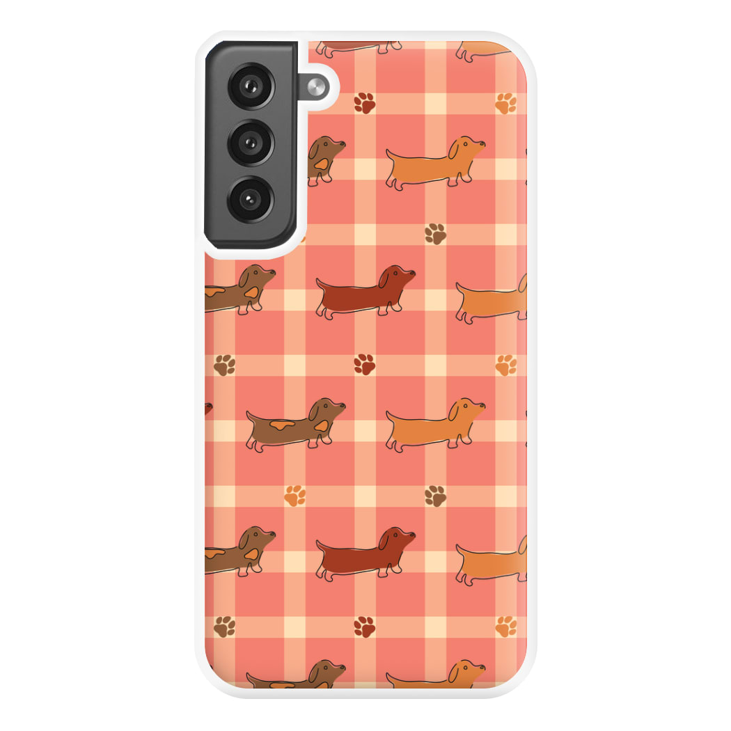 Tartan Dachshunds And Paws Pattern Phone Case for Galaxy S21FE