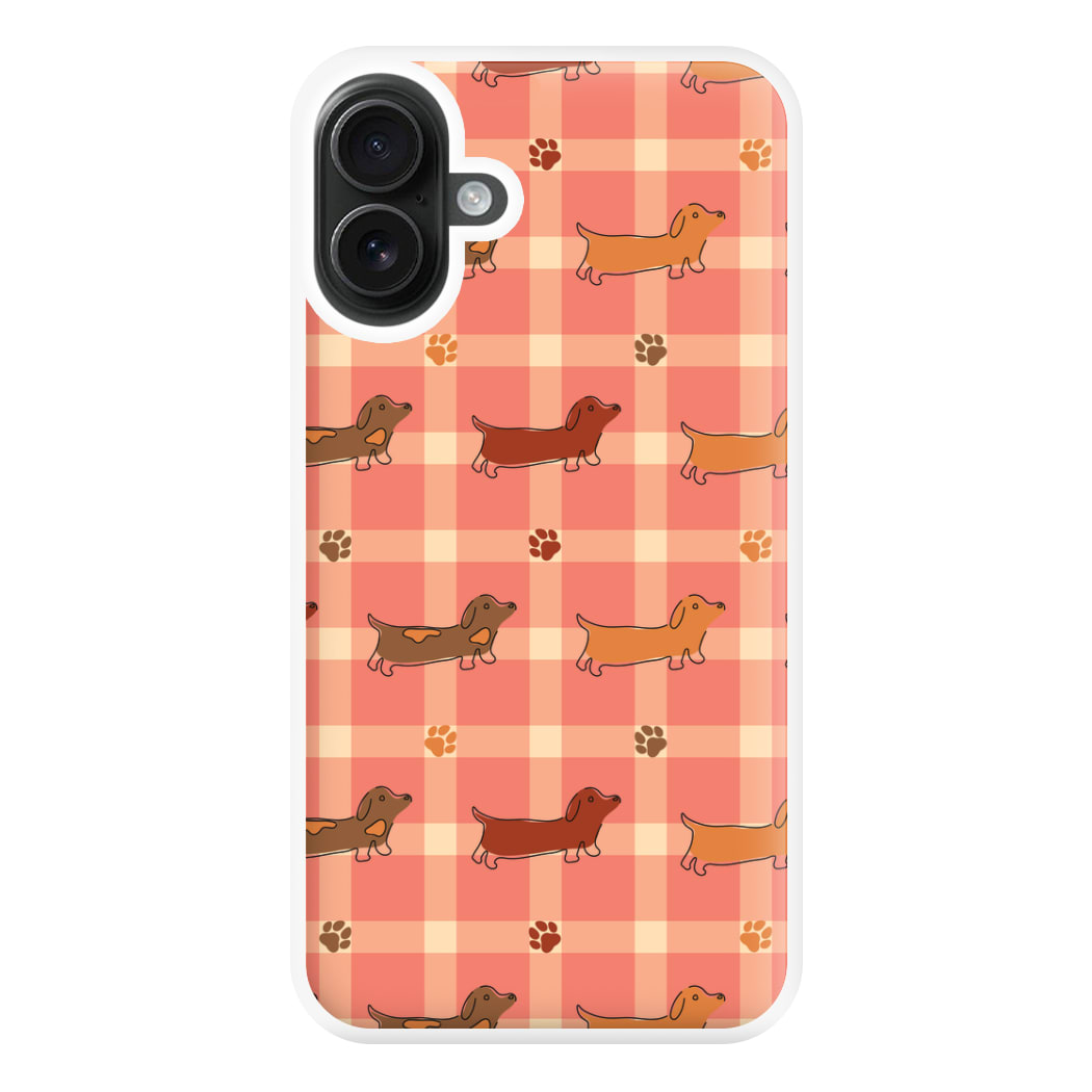 Tartan Dachshunds And Paws Pattern Phone Case for iPhone 16 Plus