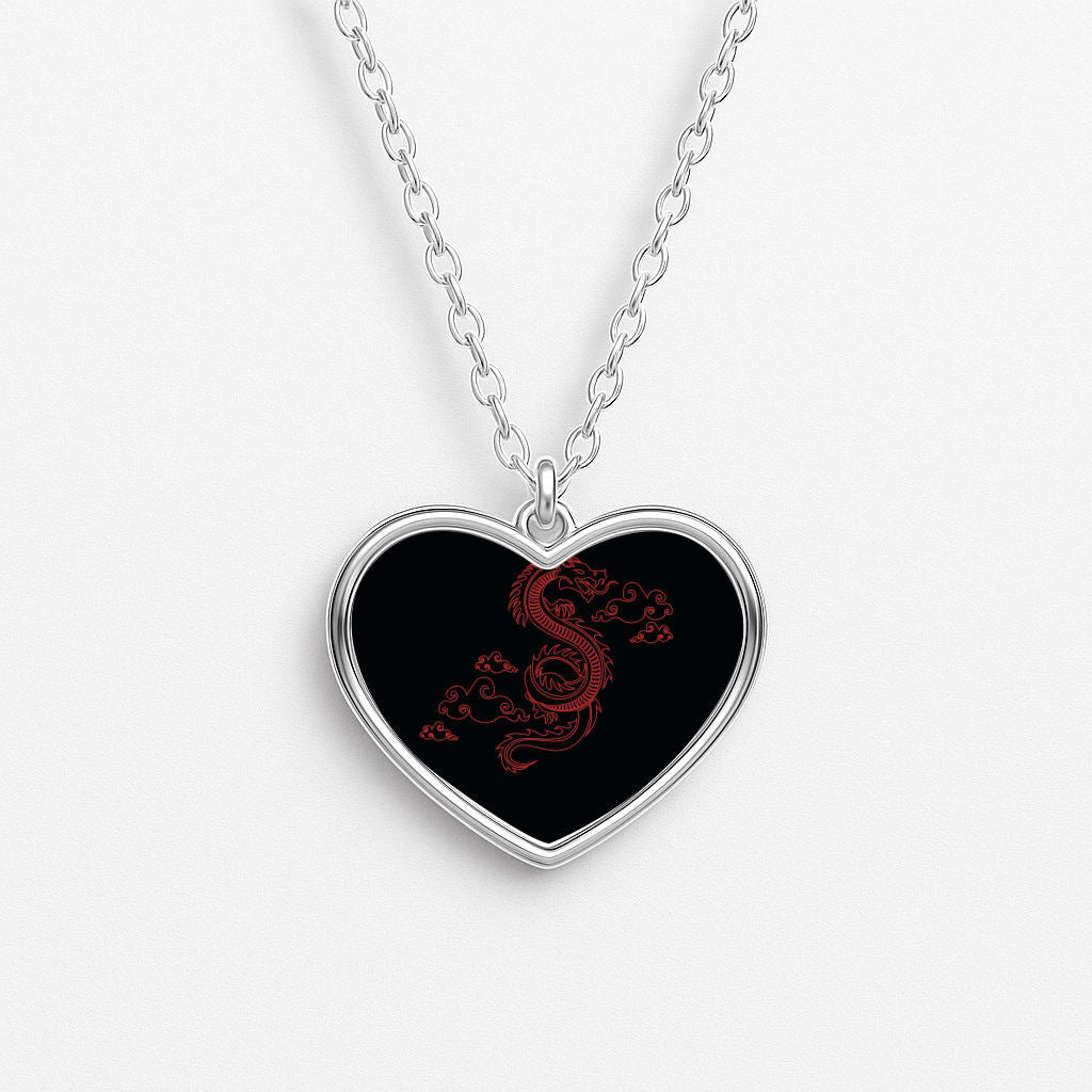 Red - Dragon Patterns Heart Necklace