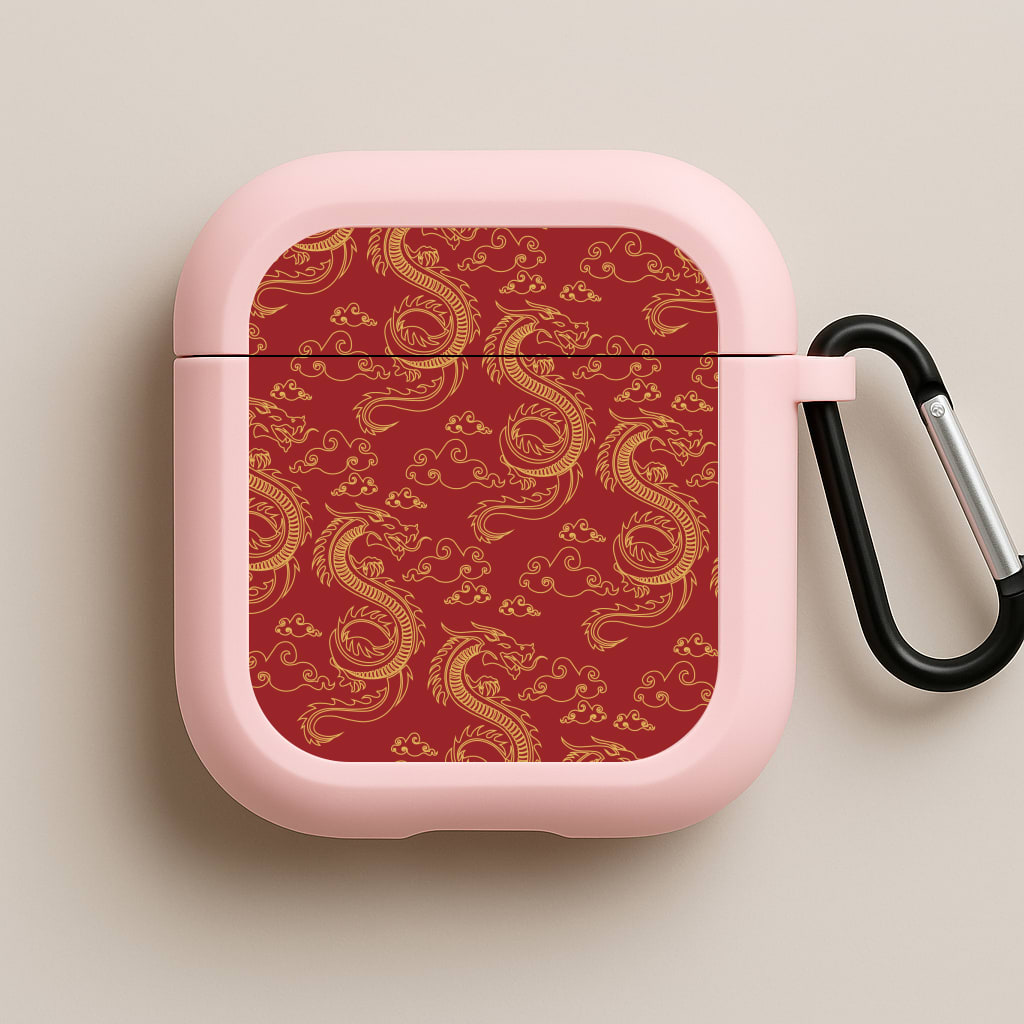 Red And Gold Dragon Pattern Pink AirPods Case
